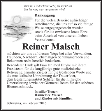 Traueranzeige von Reiner Malsch von Südthüringer Presse
