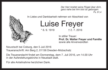 Traueranzeige von Luise Freyer von Neue Presse Coburg