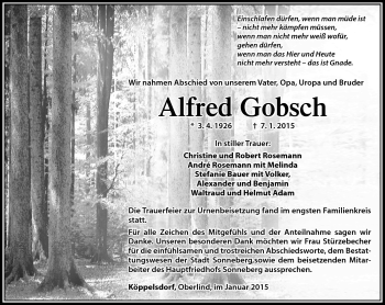 Traueranzeige von Alfred Gobsch von Südthüringer Presse