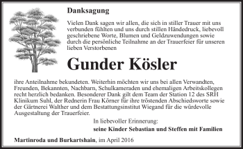 Traueranzeige von Gunder Kösler von Südthüringer Presse