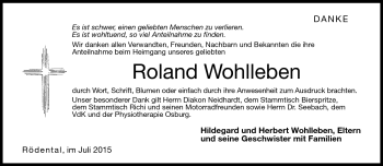 Traueranzeige von Roland Wohlleben von Neue Presse Coburg