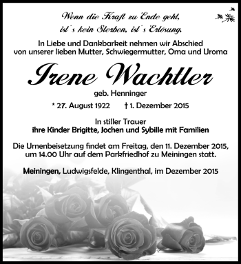 Traueranzeige von Irene Wachtler von Südthüringer Presse