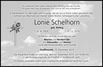 Traueranzeige von Lonie Schelhorn von Neue Presse Coburg
