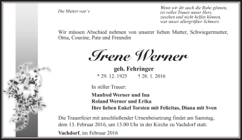 Traueranzeige von Irene Werner von Südthüringer Presse