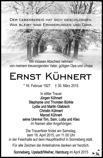 Traueranzeige von Ernst Kühnert von Südthüringer Presse