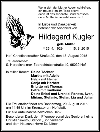Traueranzeige von Hildegard Kugler von Frankenpost