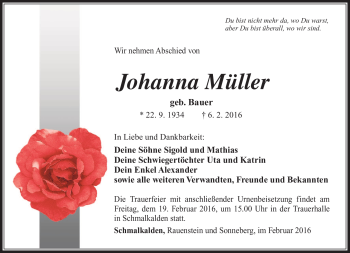 Traueranzeige von Johanna Müller von Südthüringer Presse