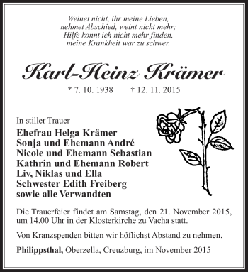 Traueranzeige von Karl-Heinz Krämer von Südthüringer Presse