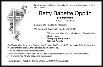 Traueranzeige von Betty Babette Oppitz von Frankenpost