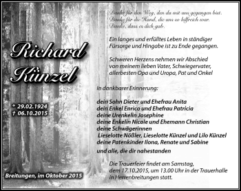 Traueranzeige von Richard Künzel von Südthüringer Presse