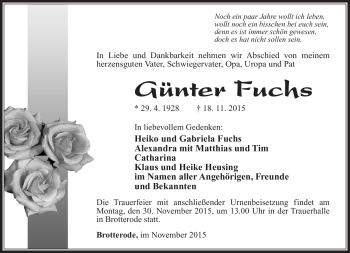 Traueranzeige von Günter Fuchs von Südthüringer Presse