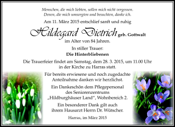 Traueranzeige von Hildegard Dietrich von Südthüringer Presse