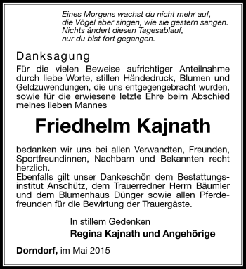 Traueranzeige von Friedhelm Kajnath von Südthüringer Presse