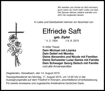 Traueranzeige von Elfriede Saft von Neue Presse Coburg