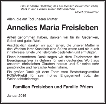 Traueranzeige von Annelies Maria Freisleben von Südthüringer Presse