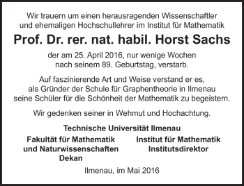 Traueranzeige von Horst Sachs von Südthüringer Presse