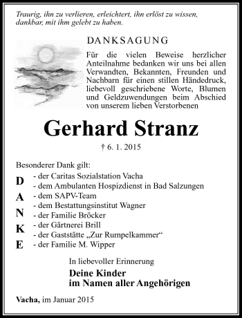 Traueranzeige von Gerhard Stranz von Südthüringer Presse