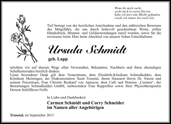 Traueranzeige von Ursula Schmidt von Südthüringer Presse