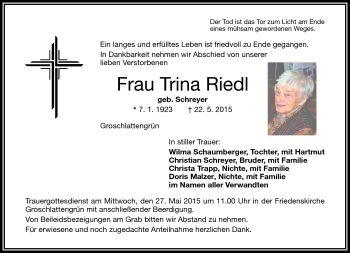 Traueranzeige von Trina Riedl von Frankenpost