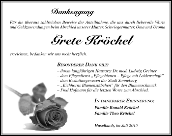 Traueranzeige von Grete Kröckel von Südthüringer Presse