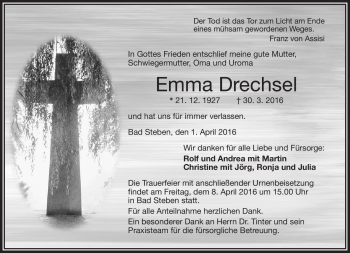 Traueranzeige von Emma Drechsel von Frankenpost