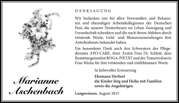 Traueranzeige von Marianne Aschenbach von Südthüringer Presse