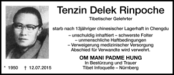 Traueranzeige von Tenzin Delek Rinpoche von Neue Presse Coburg