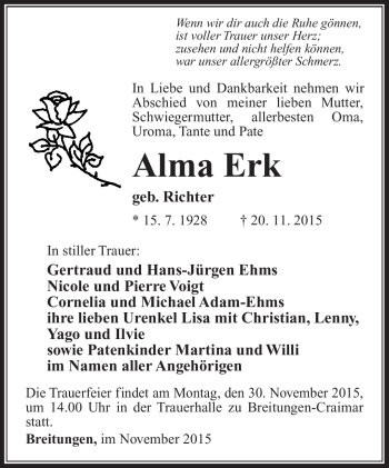 Traueranzeige von Alma Erk von Südthüringer Presse