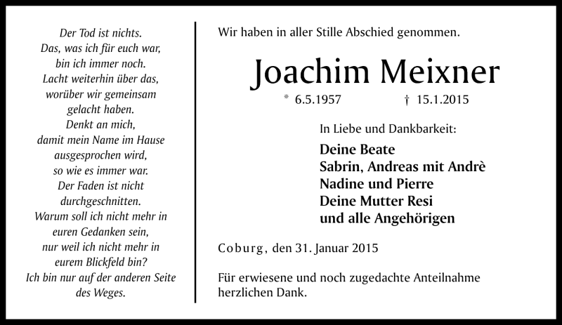  Traueranzeige für Joachim Meixner vom 31.01.2015 aus Neue Presse Coburg