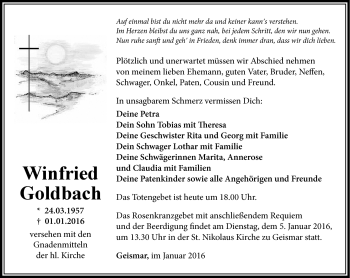 Traueranzeige von Winfried Goldbach von Südthüringer Presse
