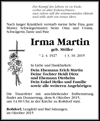 Traueranzeige von Irma Martin von Südthüringer Presse