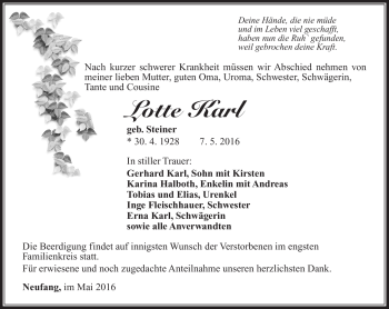Traueranzeige von Lotte Karl von Südthüringer Presse