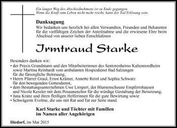 Traueranzeige von Irmtraud Starke von Südthüringer Presse