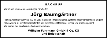 Traueranzeige von Jörg Baumgärtner von Frankenpost