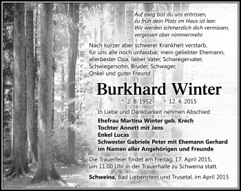 Traueranzeige von Burkhard Winter von Südthüringer Presse