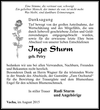 Traueranzeige von Inge Sturm von Südthüringer Presse