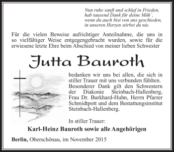 Traueranzeige von Jutta Bauroth von Südthüringer Presse