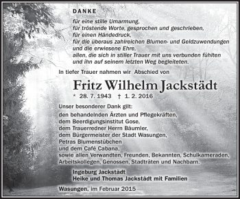 Traueranzeige von Fritz Wilhelm Jackstädt von Südthüringer Presse