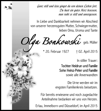 Traueranzeige von Olga Bonkowski von Südthüringer Presse