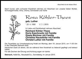 Traueranzeige von Rosa Köhler-Thees von Südthüringer Presse