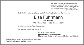 Traueranzeige von Elsa Fuhrmann von Frankenpost
