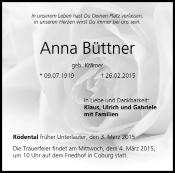 Traueranzeige von Anna Büttner von Neue Presse Coburg