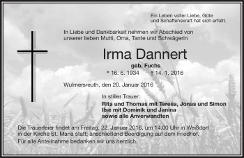 Traueranzeige von Irma Dannert von Frankenpost