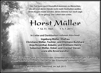 Traueranzeige von Horst Müller von Südthüringer Presse