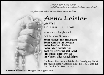 Traueranzeige von Anna Leister von Südthüringer Presse
