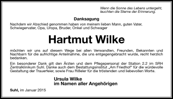 Traueranzeige von Hartmut Wilke von Südthüringer Presse