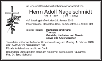 Traueranzeige von Adolf Nagelschmidt von Frankenpost