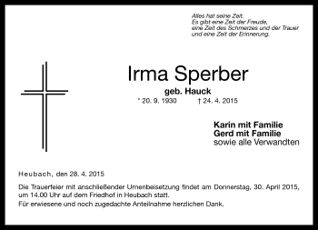 Traueranzeige von Irma Sperber von Neue Presse Coburg