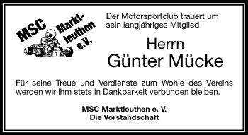 Traueranzeige von Günter Mücke von Frankenpost