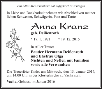 Traueranzeige von Anna Kranz von Südthüringer Presse